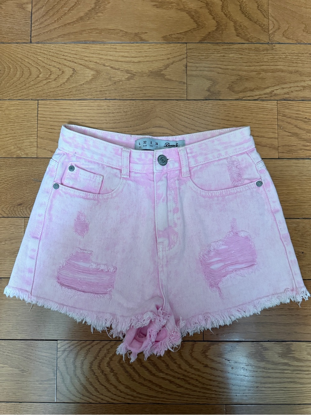 Denim&Co Pale Pink Distressed High-Rise Denim Shorts